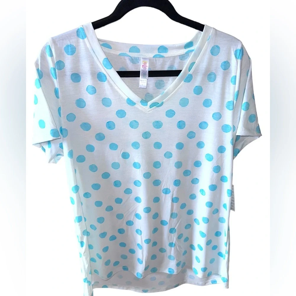 Lularoe large white & turquoise polka dot Christy V neck short sleeve t shirt. - Picture 1 of 6